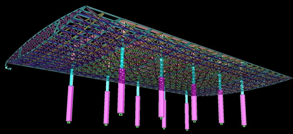 Analysis model of a long-span steel roof structure with piled foundations
